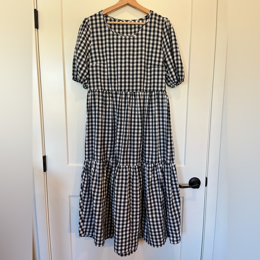 Black and White gingham tiered maxi preppy cottagecore peasant dress Sz  M